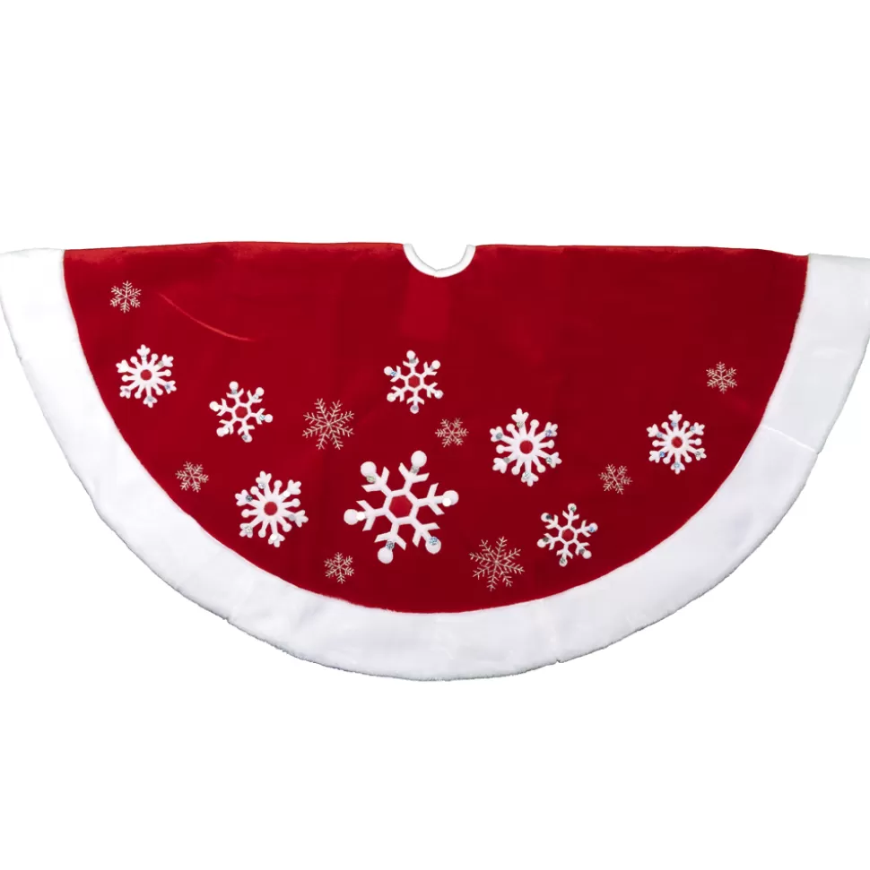Christmas Forever TREE SKIRT 48″ RED VELVET SNOWFLAKE DESIGN W/ WHITE FUR BORDER