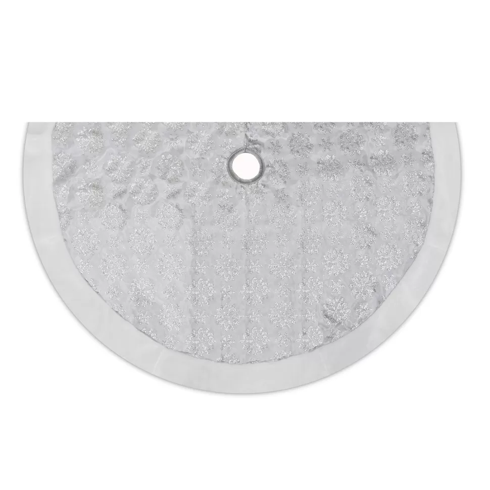 Christmas Forever TREE SKIRT 48″ WHITE W/GLITTER PRINT ON SHEER ORGANZA W/ FAUX FUR BORDER