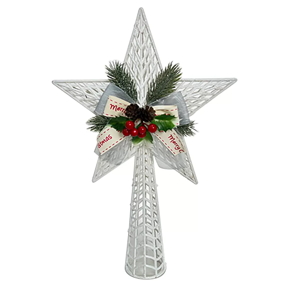 Christmas Forever TREE TOP STAR WHITE 14.5″ W/ BOW, PINE, CONE & BERRIES
