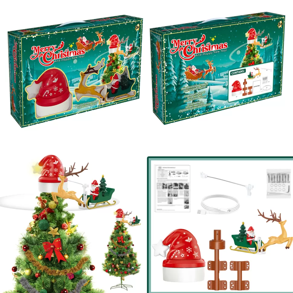 Christmas Forever TREE TOPPER – ROTATING SLEIGH 7PCS W/MOVEMENT, LIGHTS & MUSIC B/O 15″x8.5″x11.5″