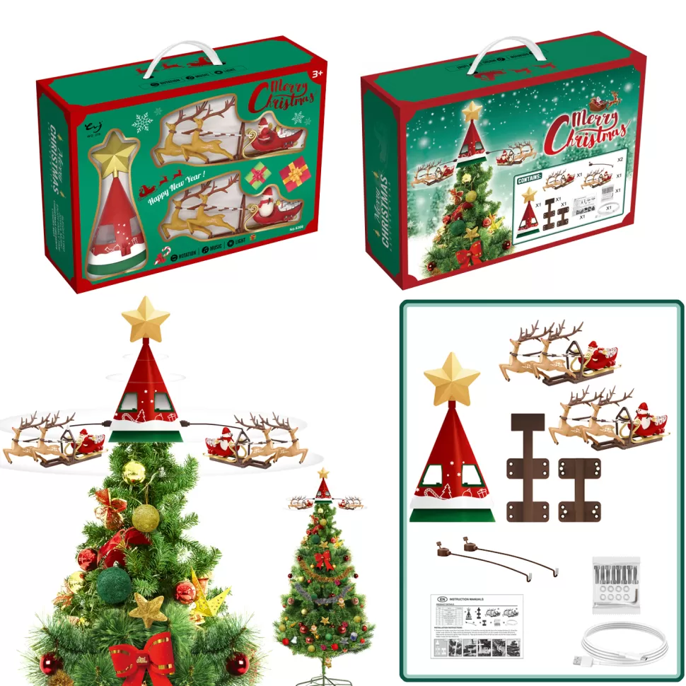 Christmas Forever TREE TOPPER – ROTATING SLEIGH 9PCS W/MOVEMENT, LIGHTS & MUSIC B/O 25.5″x25.5″x16″
