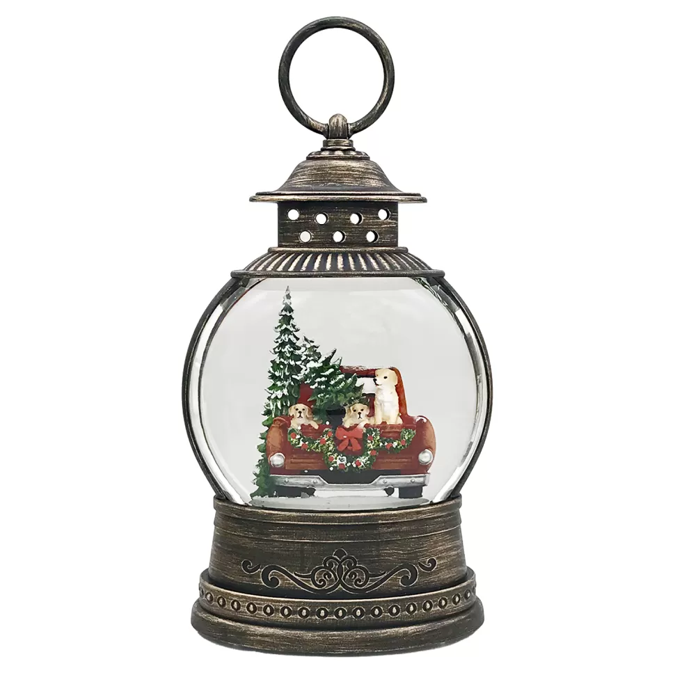 Christmas Forever WATER GLOBE DOGS ON A TRUCK TRUNK 8″ W/ GLITTER SPINNER, LED LIGHT, B/O