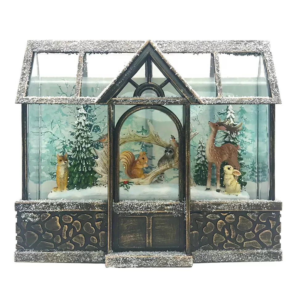 Christmas Forever WATER GLOBE FROSTED GREEN HOUSE W/ ANIMALS 9″X8″ W/ GLITTER SPINNER, LED LIGHT, B/O