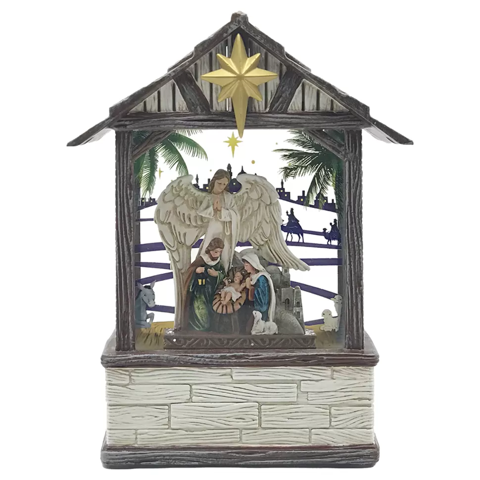 Christmas Forever WATER GLOBE HOLY FAMILY & ANGEL 8.25″ W/ GLITTER SPINNER, LED LIGHT, B/O