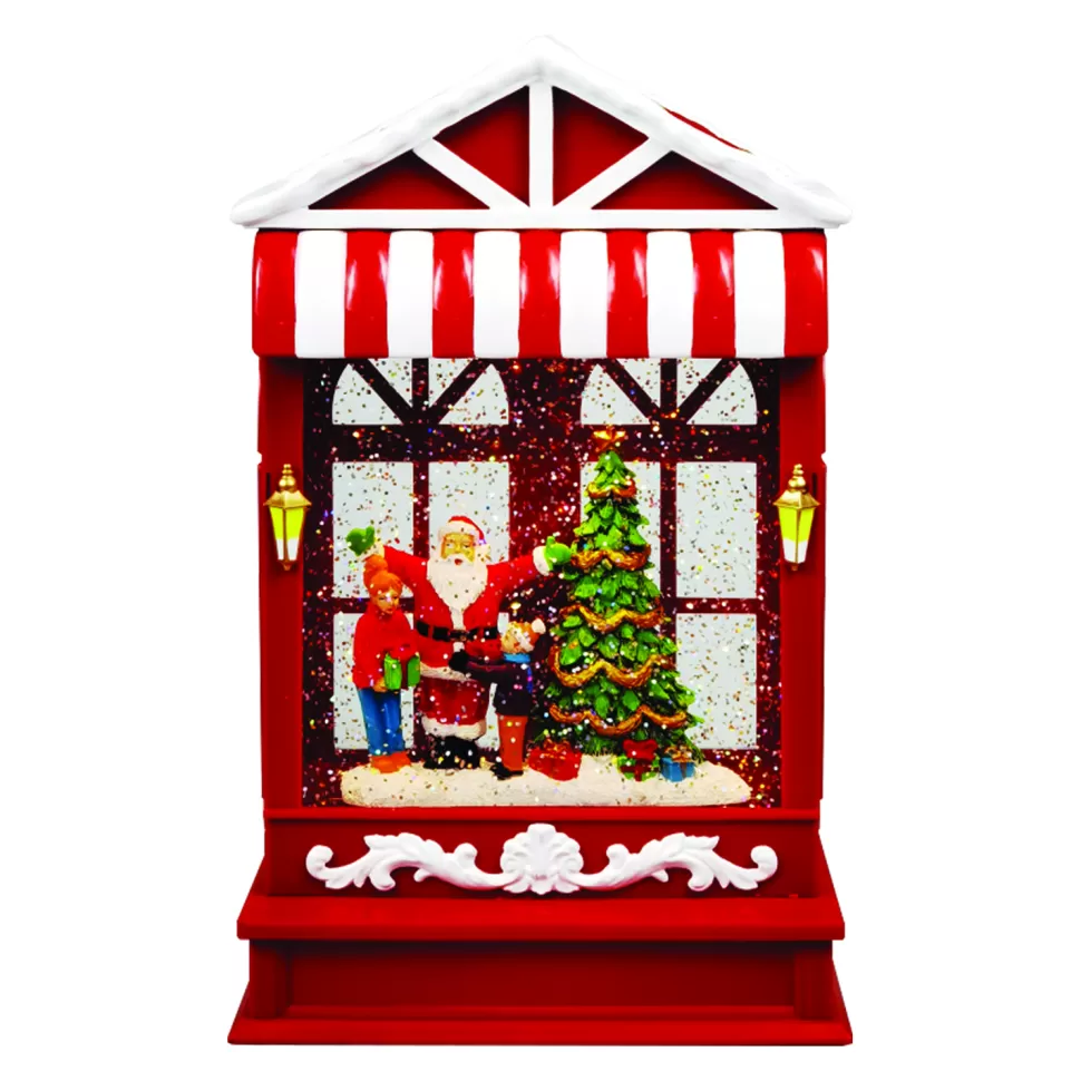 Christmas Forever WATER GLOBE HOUSE SCENE AUTO SPINNER WITH SANTA & TREE IN SWIRL GLITTER LED 10″