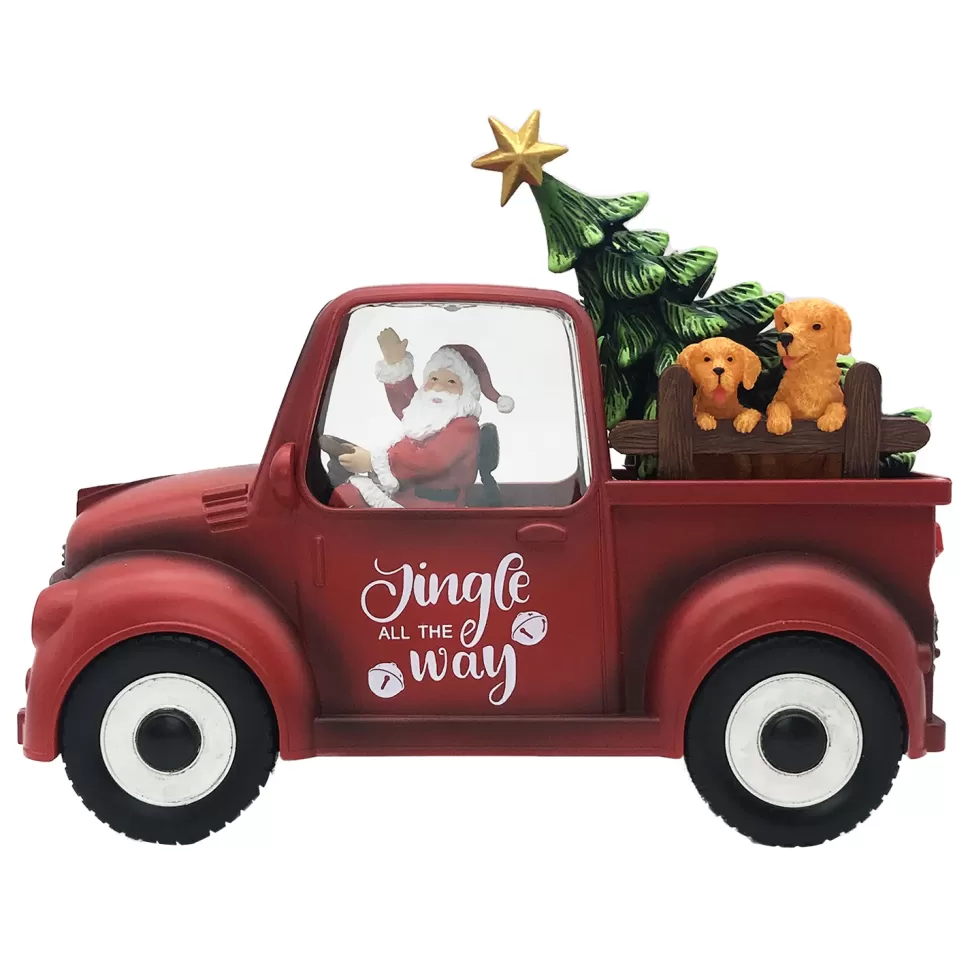 Christmas Forever WATER GLOBE TRUCK AUTO SPINNER WITH SANTA & TREE IN SWIRL GLITTER LED 8.5 X 4.5