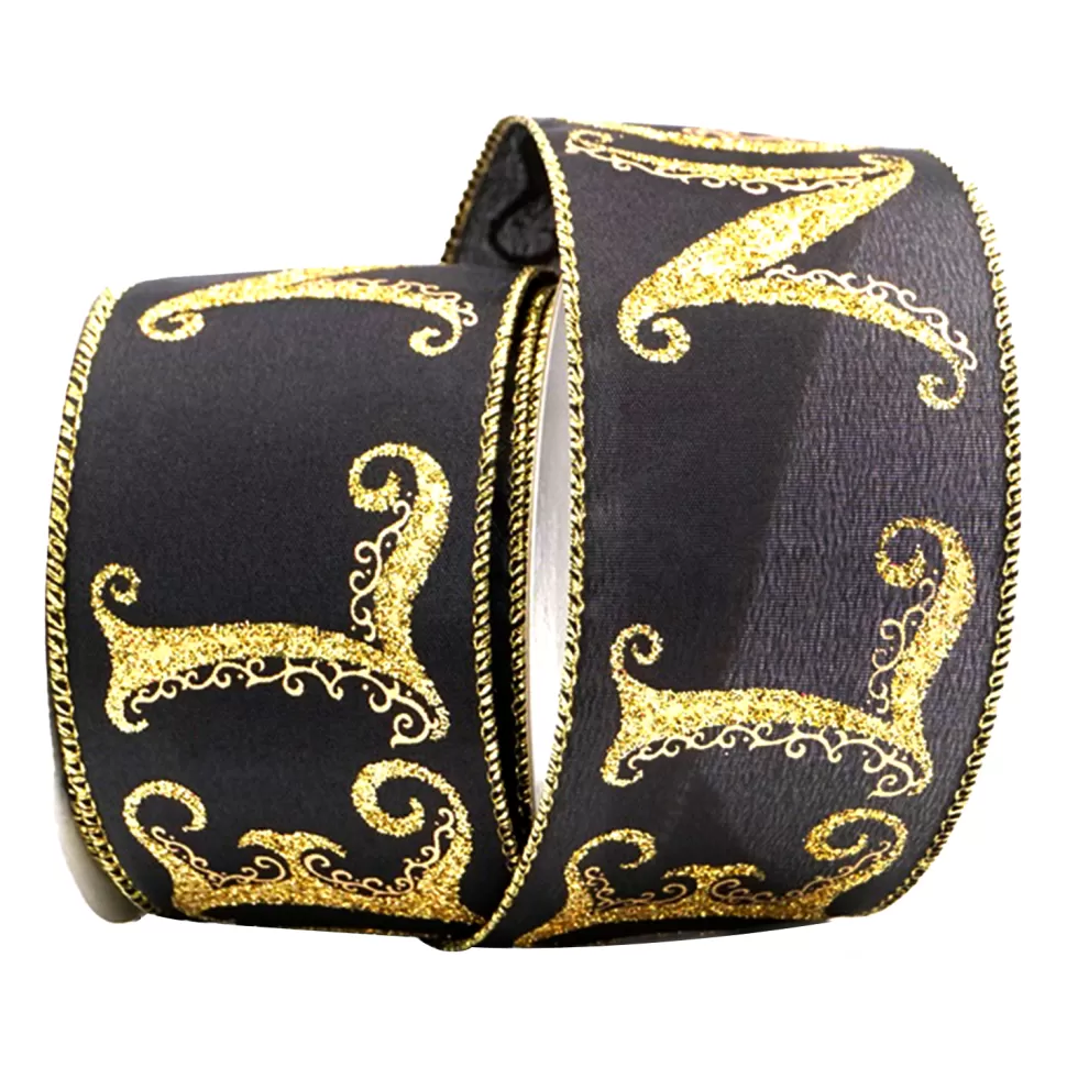 Christmas Forever WIRED RIBBON 2.5″x10 YDS. BLACK W/ GOLD “NOEL”