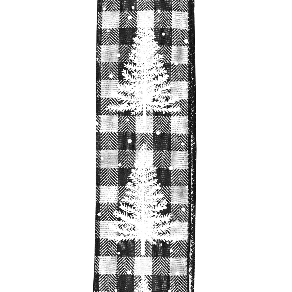 Christmas Forever WIRED RIBBON 2.5″X10 YDS BLACK/ WHITE CHECK W/ WHITE TREES
