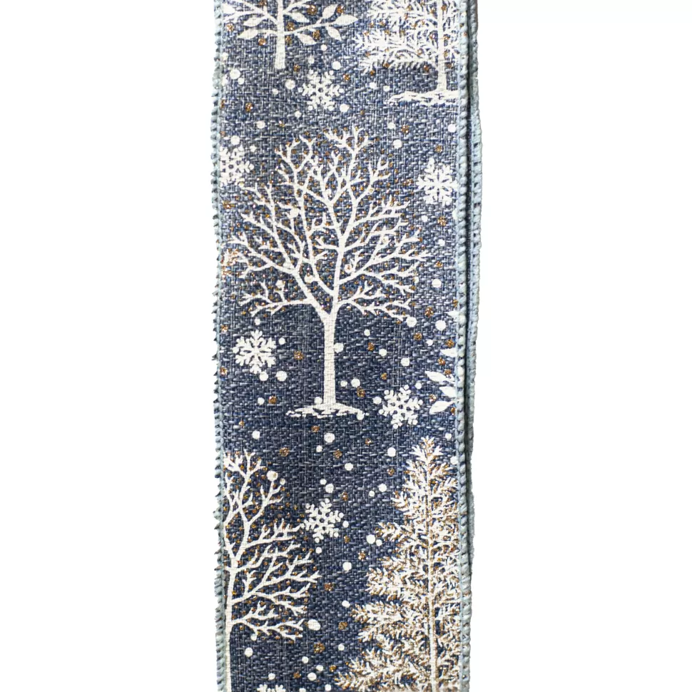 Christmas Forever WIRED RIBBON 2.5″X10 YDS BLUE/ GRAY W/ TREE AND SNOWFLAKE