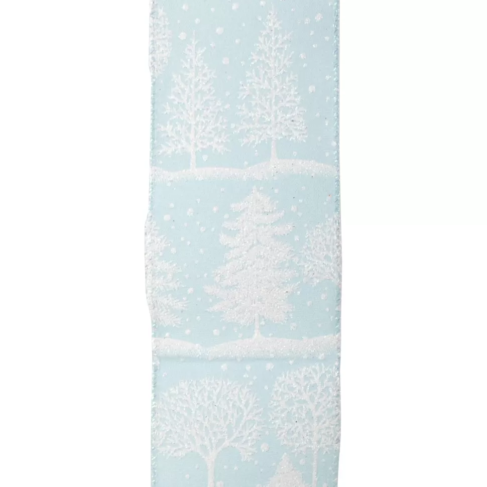 Christmas Forever WIRED RIBBON 2.5″X10 YDS BLUE ICE W/ WHITE TREE PRINT