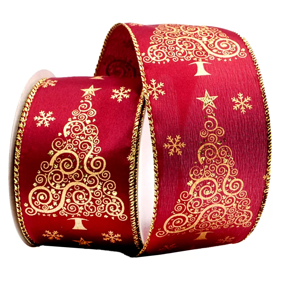 Christmas Forever WIRED RIBBON 2.5″x10 YDS. BURGUNDY W/ SWIRLY/CURLY TREES