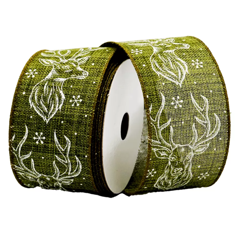 Christmas Forever WIRED RIBBON 2.5″x10 YDS. FROST GREEN W/ REINDEER HEAD