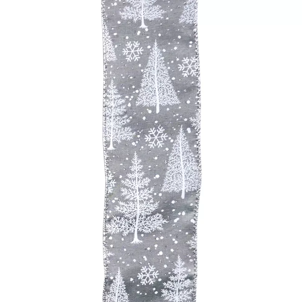 Christmas Forever WIRED RIBBON 2.5″X10 YDS GRAY W/ WHITE CHRISTMAS TREES