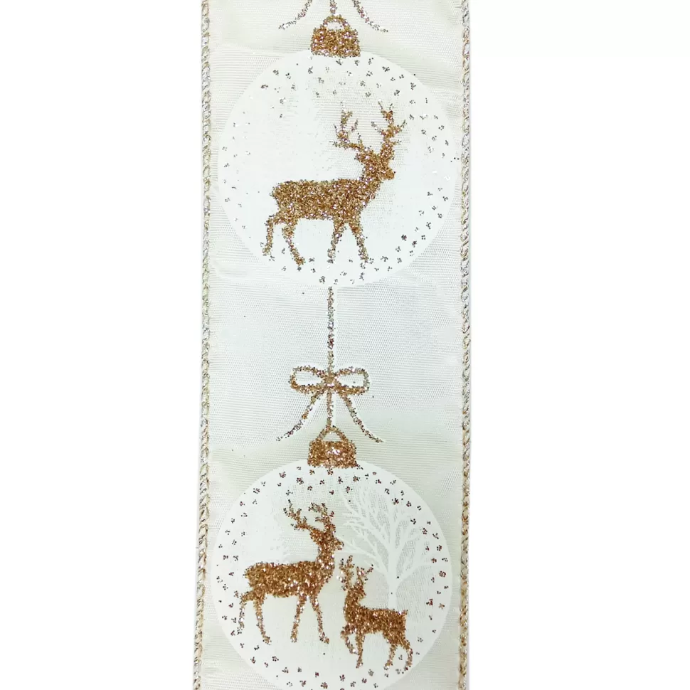 Christmas Forever WIRED RIBBON 2.5″X10 YDS IVORY W/GOLD REINDEER IN BALLS
