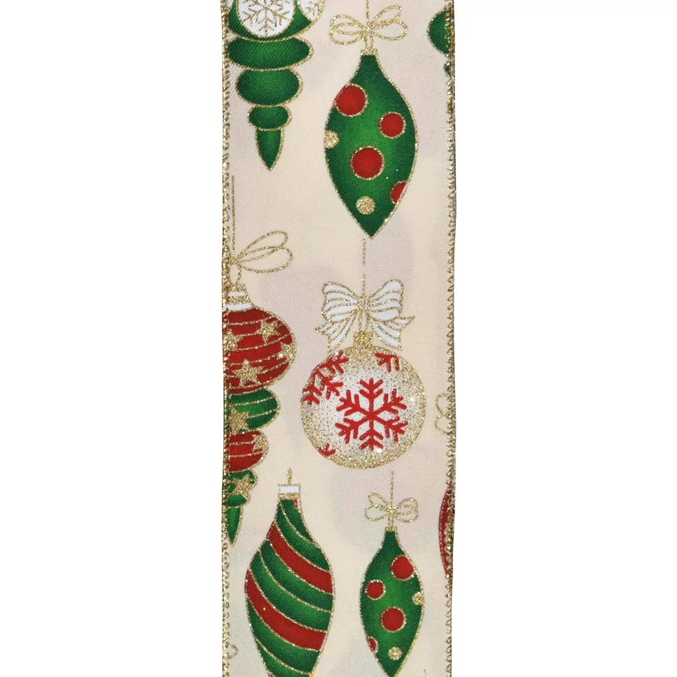 Christmas Forever WIRED RIBBON 2.5″X10 YDS IVORY TWILL W/XMAS BALLS & FINIALS