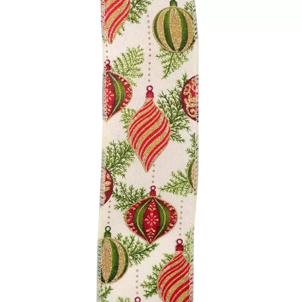 Christmas Forever WIRED RIBBON 2.5″X10 YDS IVORY W/ BAUBLES, FINIALS & CEDAR