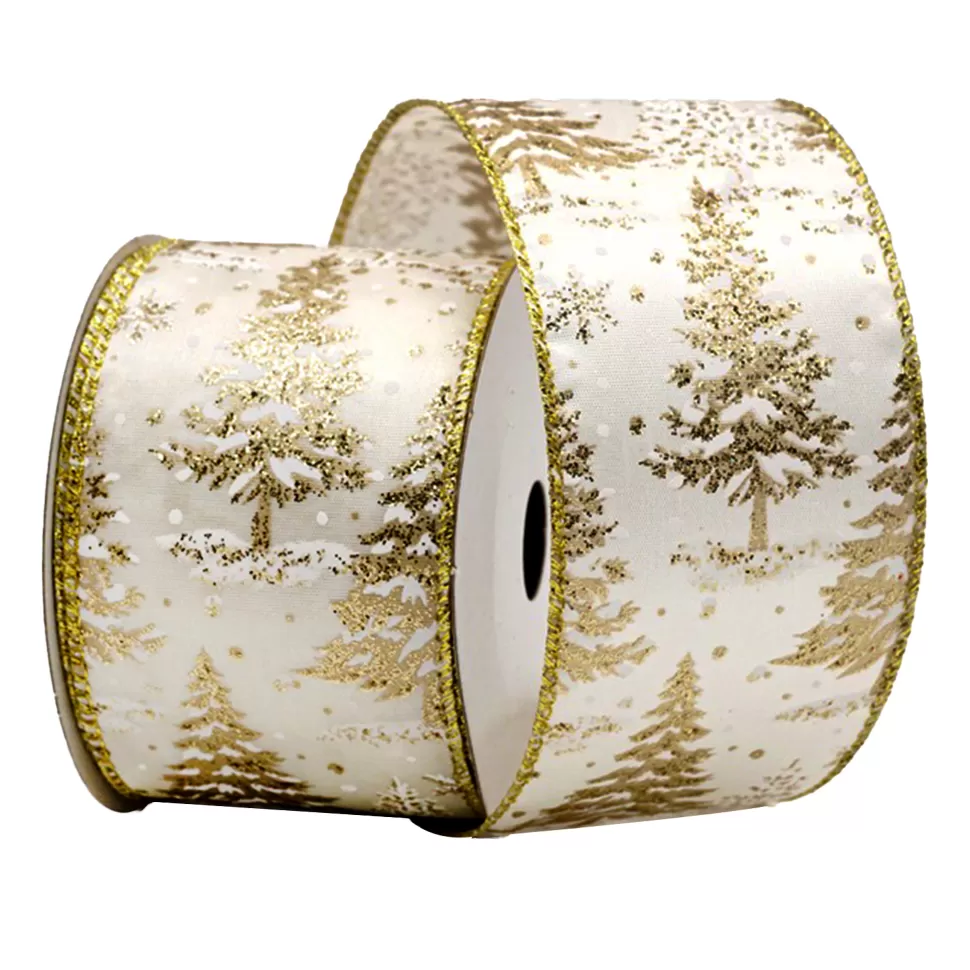 Christmas Forever WIRED RIBBON 2.5″x10 YDS. IVORY W/ CHAMPANGE TREES