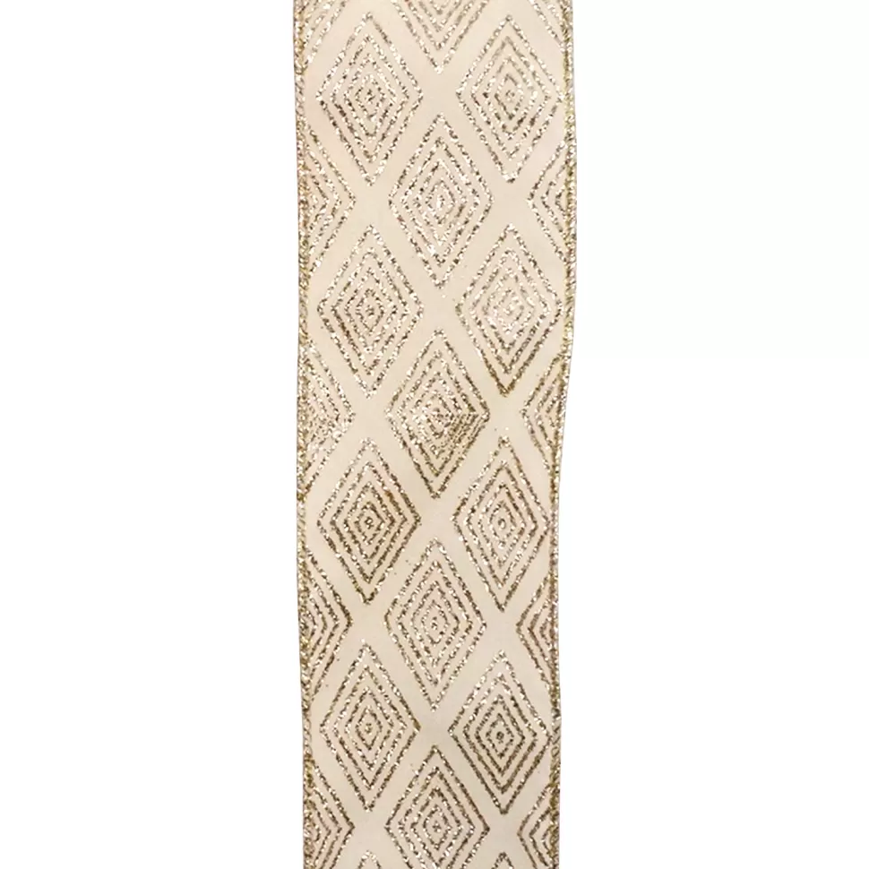 Christmas Forever WIRED RIBBON 2.5″X10 YDS IVORY W/ GOLD GLITTER DIAMOND PATTERN
