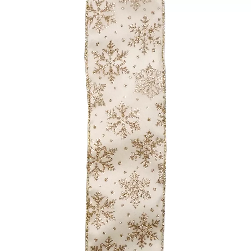 Christmas Forever WIRED RIBBON 2.5″X10 YDS IVORY W/ GOLD GLITTER SNOWFLAKES