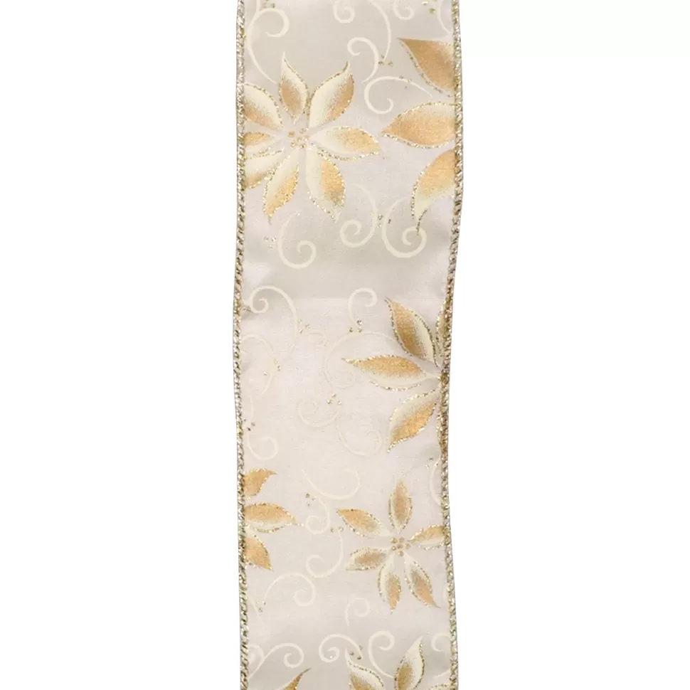 Christmas Forever WIRED RIBBON 2.5″X10 YDS IVORY W/ GOLD HOLIDAY POINSETTIA