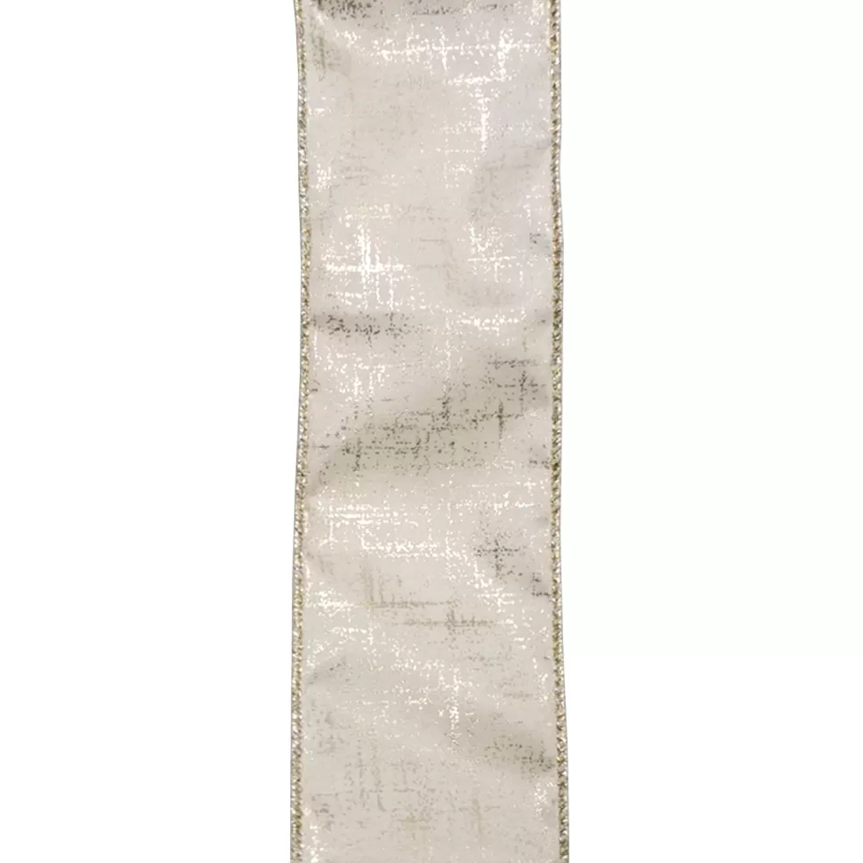 Christmas Forever WIRED RIBBON 2.5″X10 YDS IVORY W/ GOLD PRINT CRISS-CROSS PATTERN