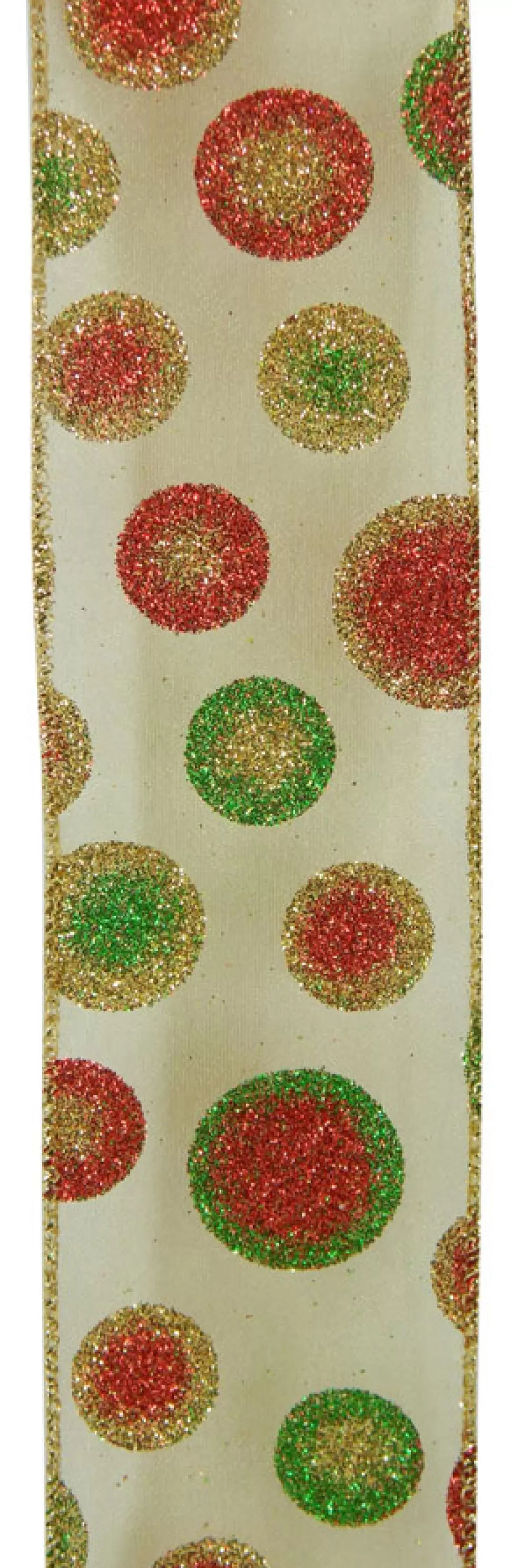 Christmas Forever WIRED RIBBON 2.5″X10 YDS IVORY W/ GOLD, RED, GREEN GLIITER DOTS