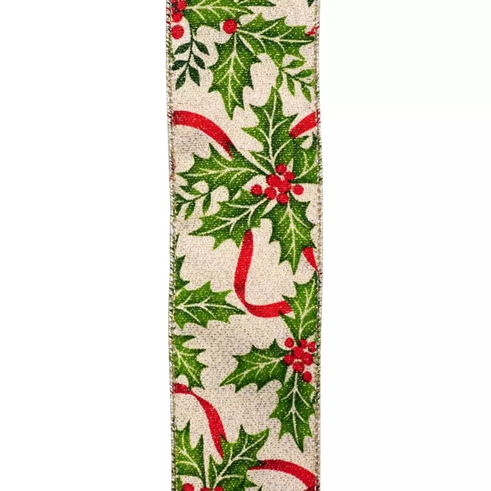 Christmas Forever WIRED RIBBON 2.5″X10 YDS IVORY W/ HOLLY, RED BERRIES & RED RIBBON