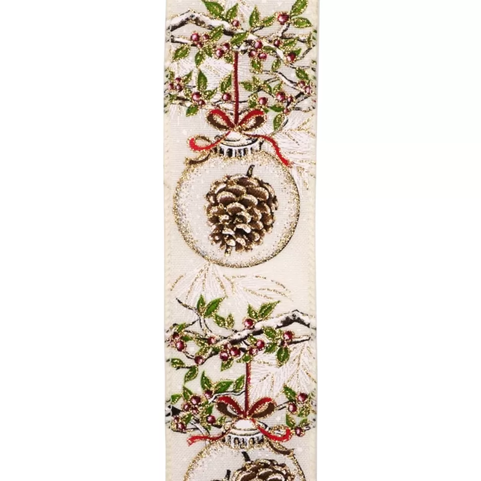 Christmas Forever WIRED RIBBON 2.5″X10 YDS IVORY W/ PINE CONE IN SPRUCE & BAUBLES