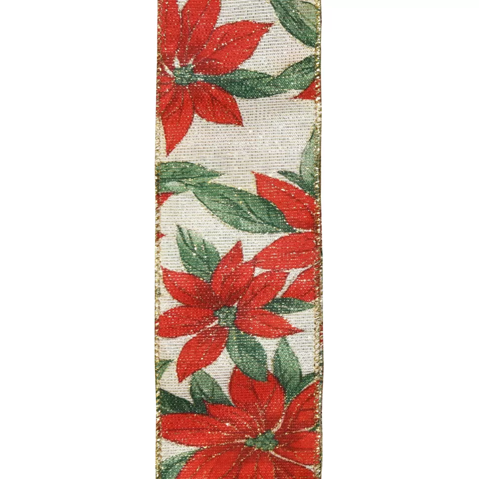 Christmas Forever WIRED RIBBON 2.5″X10 YDS IVORY W/ RED POINSETTIA