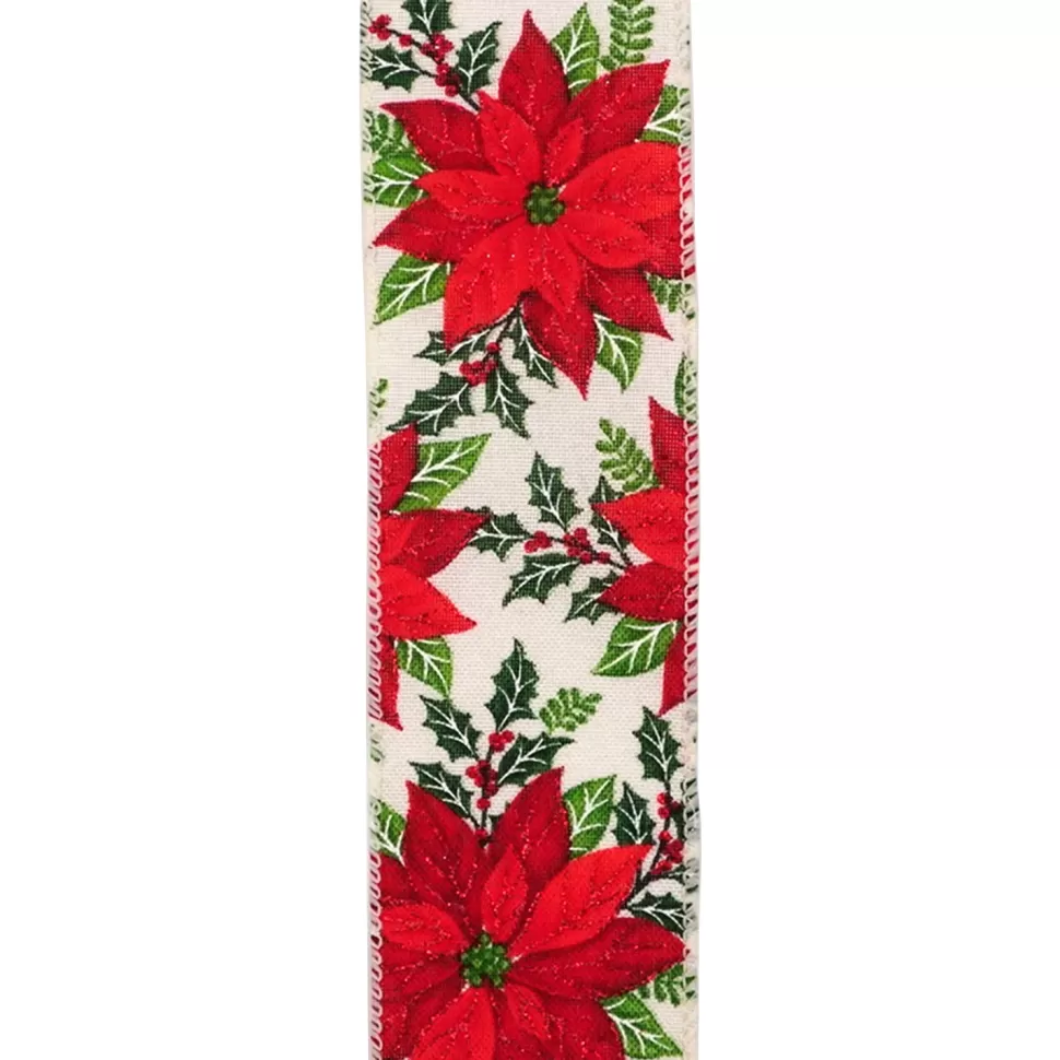 Christmas Forever WIRED RIBBON 2.5″X10 YDS IVORY W/ RED POINSETTIA & HOLLY