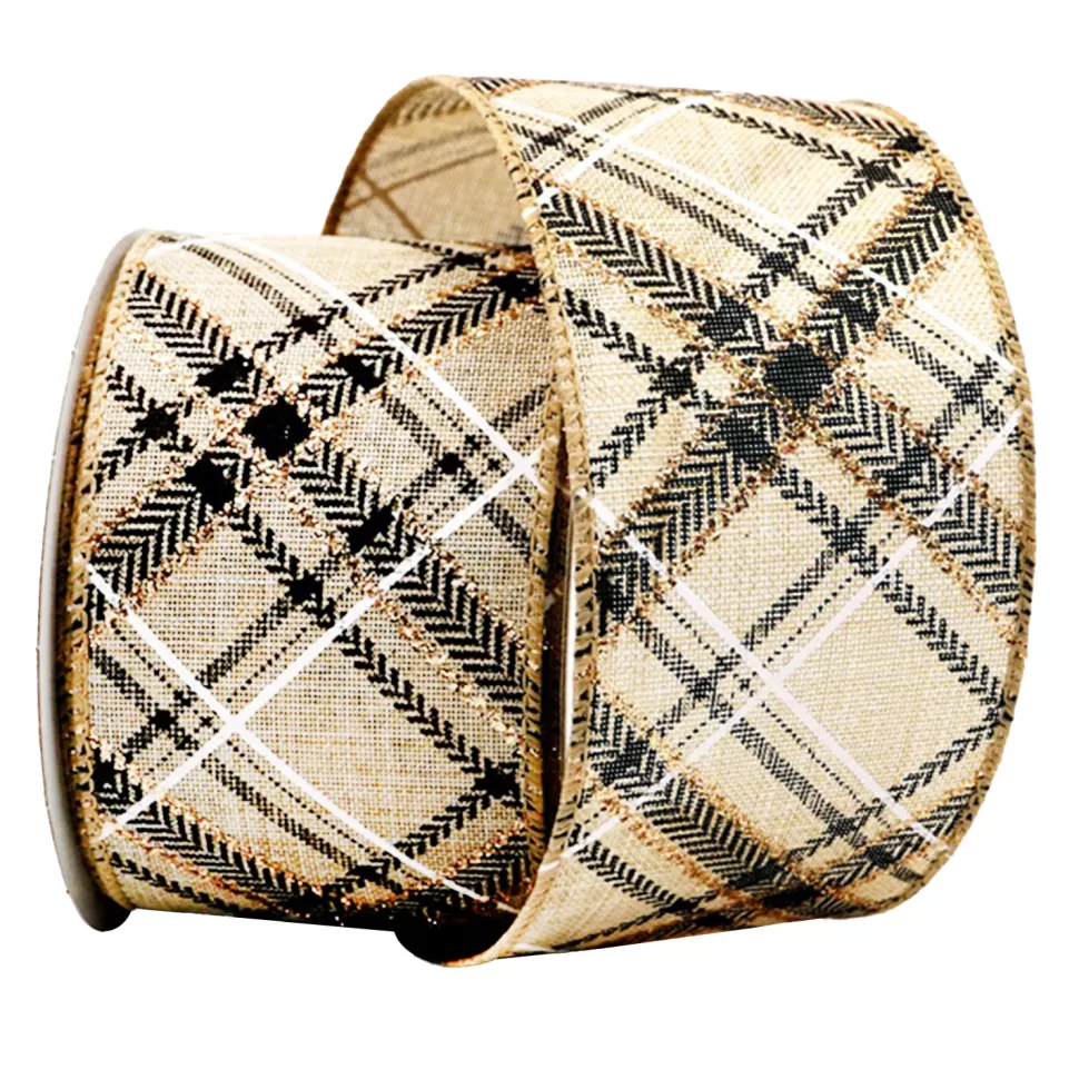 Christmas Forever WIRED RIBBON 2.5″x10 YDS. NATURAL W/ BLACK CHAMPANGE PATTERNS
