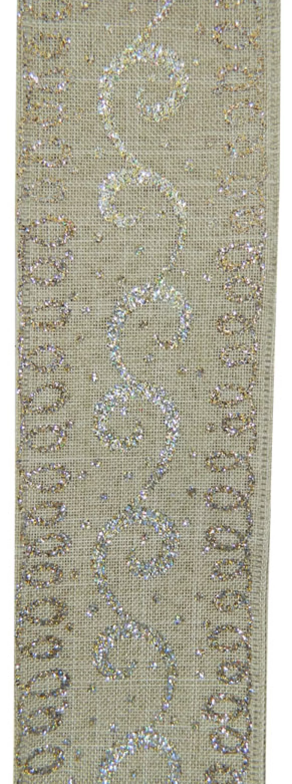 Christmas Forever WIRED RIBBON 2.5″X10 YDS NATURAL W/ GOLD /CHAMPAGNE SWIRL GLITTER