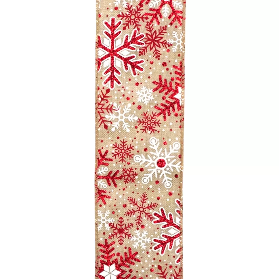 Christmas Forever WIRED RIBBON 2.5″X10 YDS NATURAL W/ RED GLITTER SNOWFLAKES