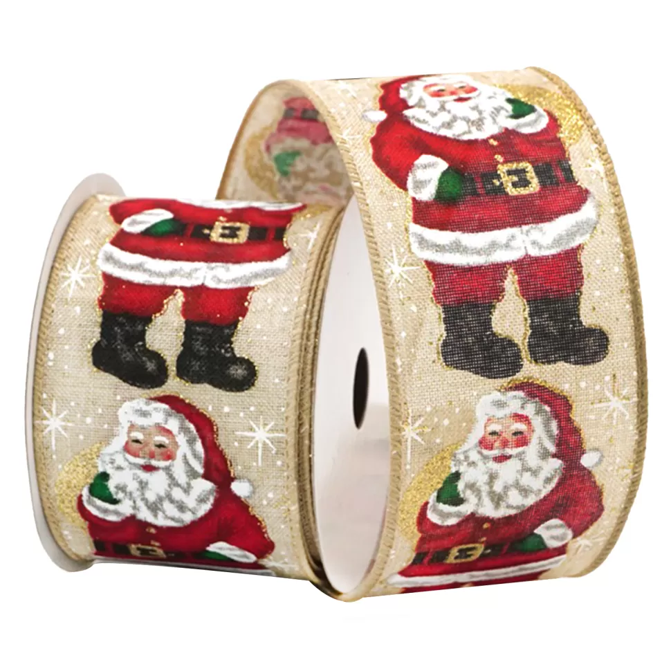Christmas Forever WIRED RIBBON 2.5″x10 YDS. NATURAL W/ TRADITIONAL SANTA