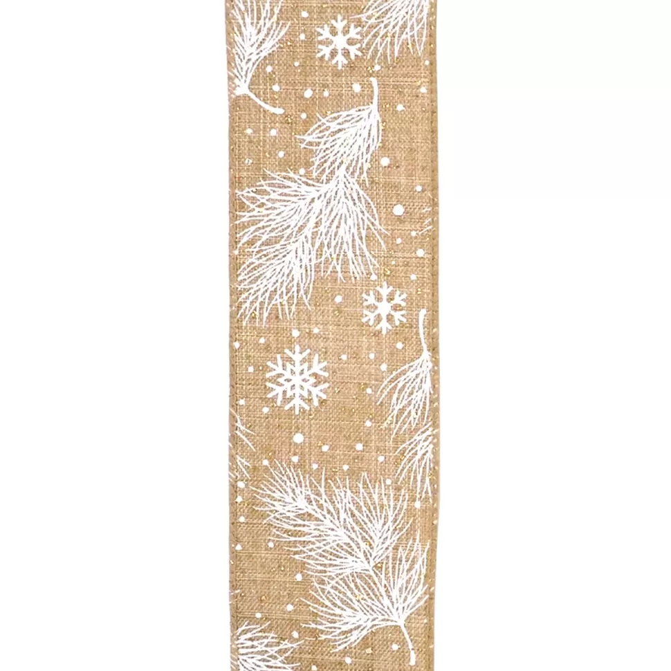 Christmas Forever WIRED RIBBON 2.5″X10 YDS NATURAL W/ WHITE PINE & SNOWFLAKES