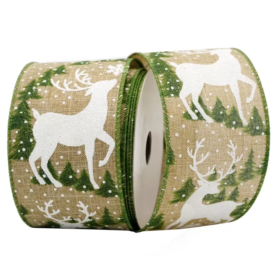 Christmas Forever WIRED RIBBON 2.5″x10 YDS. NATURAL W/ WHITE STANDING REINDEER