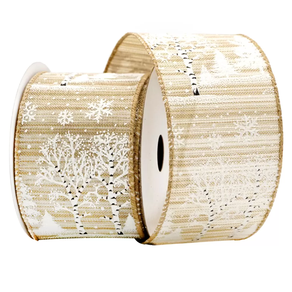 Christmas Forever WIRED RIBBON 2.5″x10 YDS. NATURAL W/ WHITE TREES