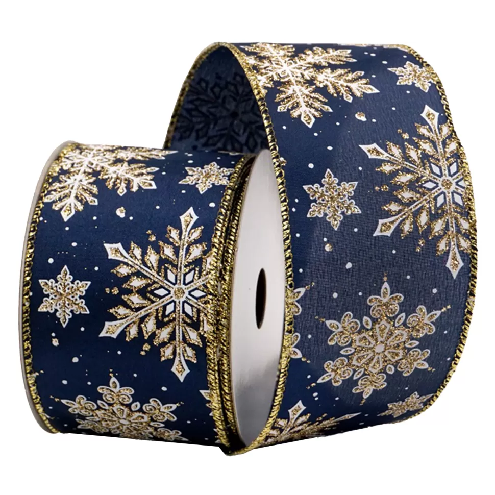 Christmas Forever WIRED RIBBON 2.5″x10 YDS. NAVY BLUE W/ GLITTER SNOWFLAKES