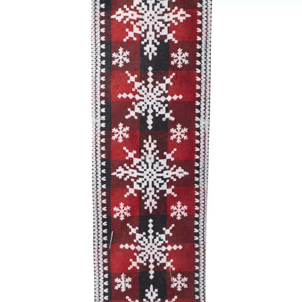 Christmas Forever WIRED RIBBON 2.5″X10 YDS RED/ BLACK CHECK PLAID W/ WHITESNOWFLAKES