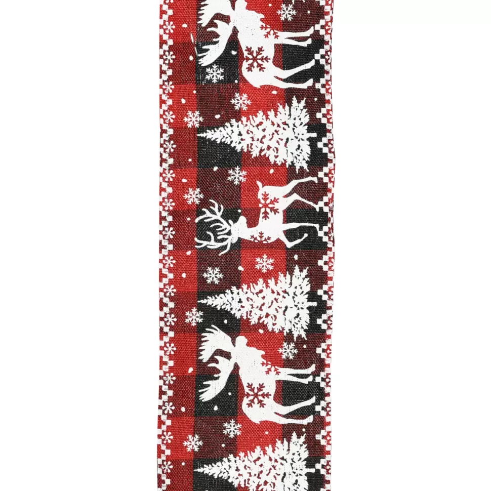 Christmas Forever WIRED RIBBON 2.5″X10 YDS RED/ BLACK CHEPLAID W/ TREE, DEER, SNOWFLAKE