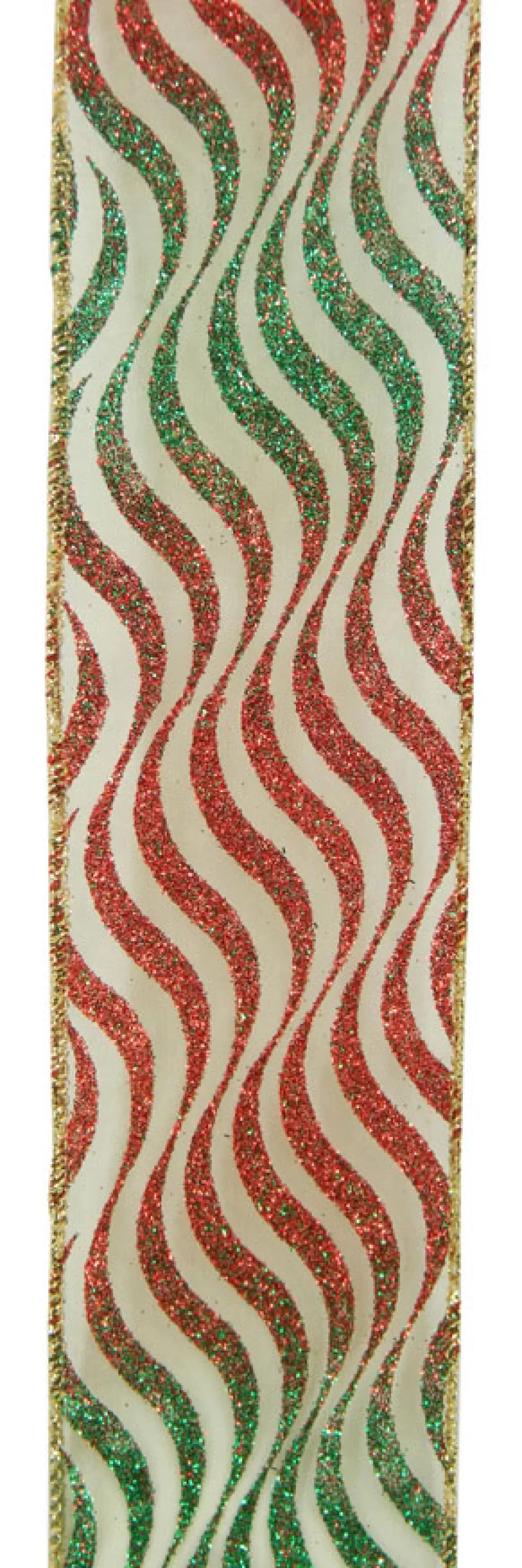 Christmas Forever WIRED RIBBON 2.5″X10 YDS RED/ GREEN W/ WAVE STRIPE / GLITTER
