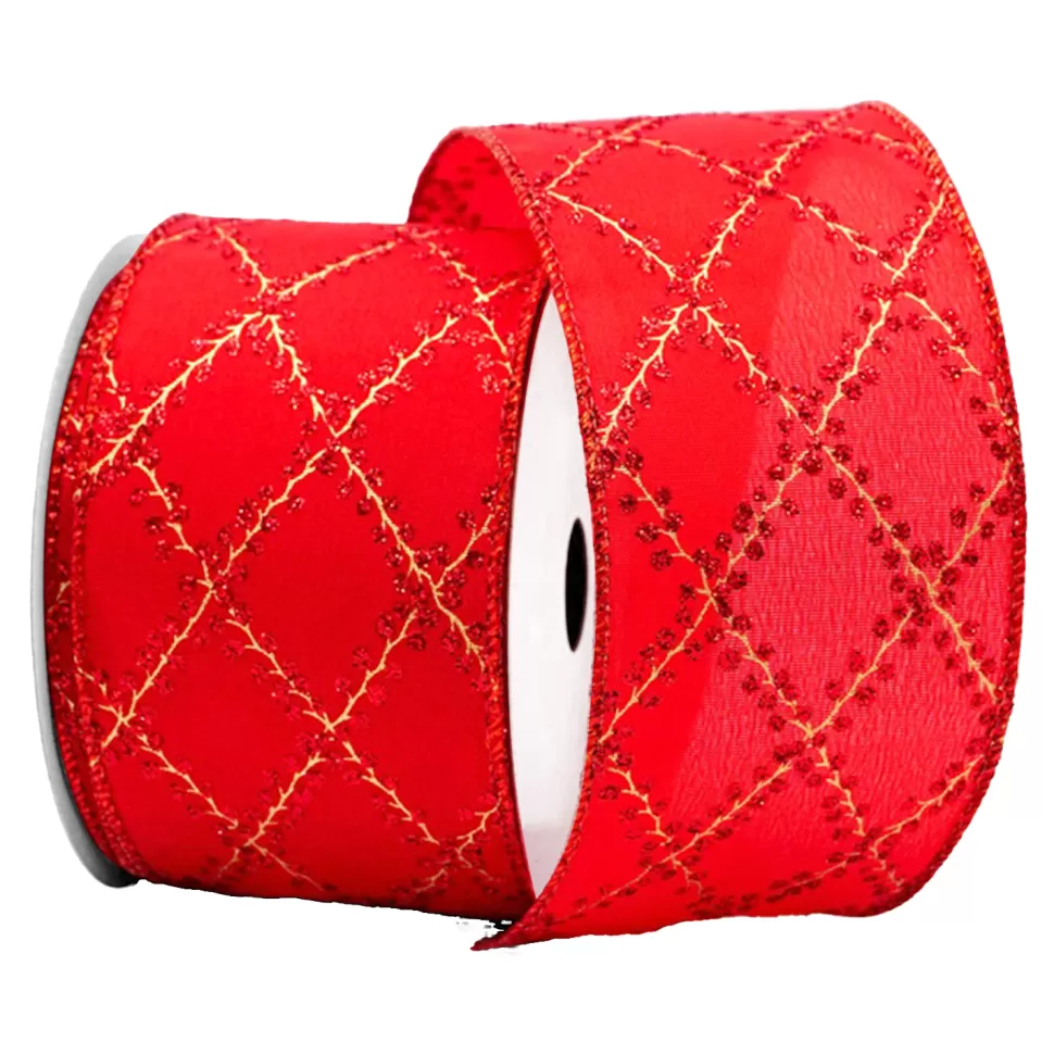 Christmas Forever WIRED RIBBON 2.5″x10 YDS. RED SATIN W/ DIAMOND PATTERNS