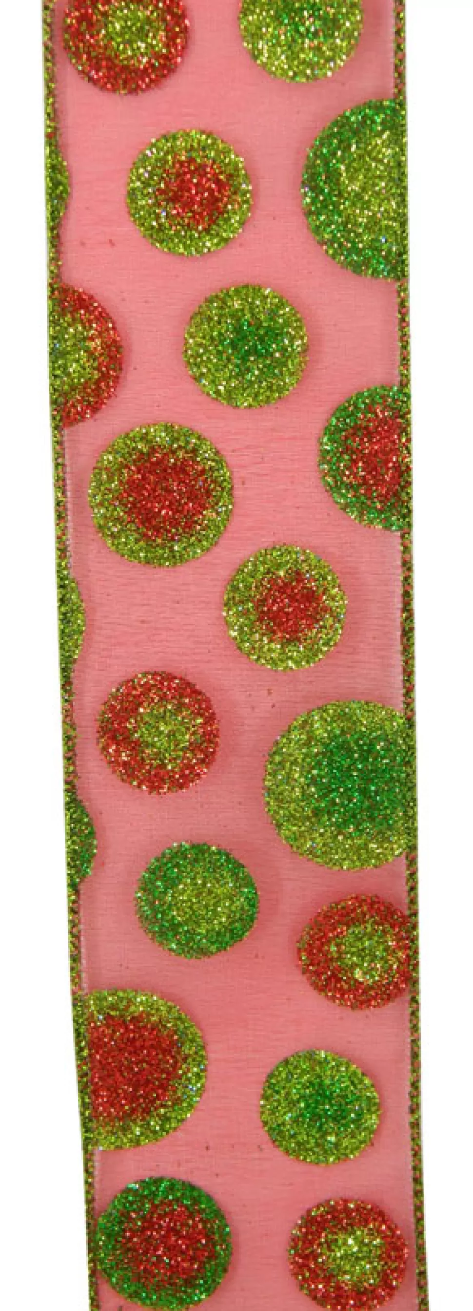 Christmas Forever WIRED RIBBON 2.5″X10 YDS RED SHEER W/ RED GREEN GLITTER DOTS