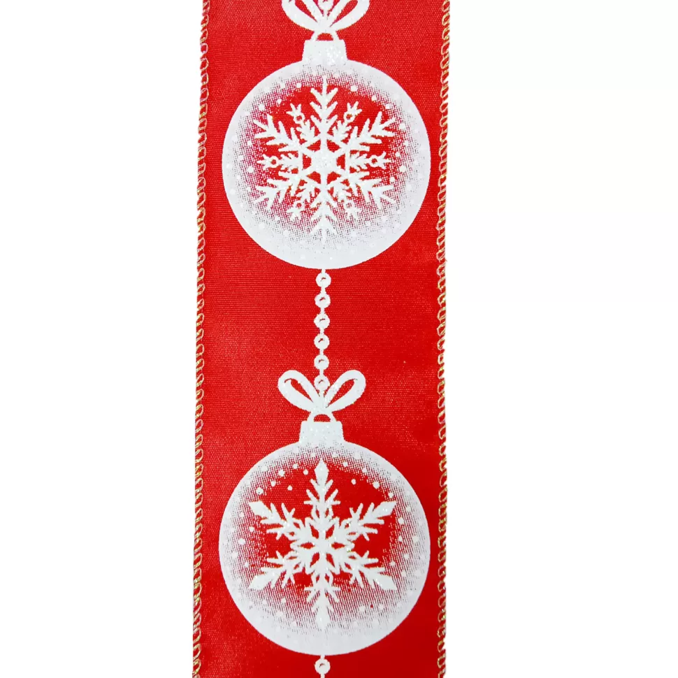 Christmas Forever WIRED RIBBON 2.5″X10 YDS RED W/ WHITE SNOWFLAKES IN BALL