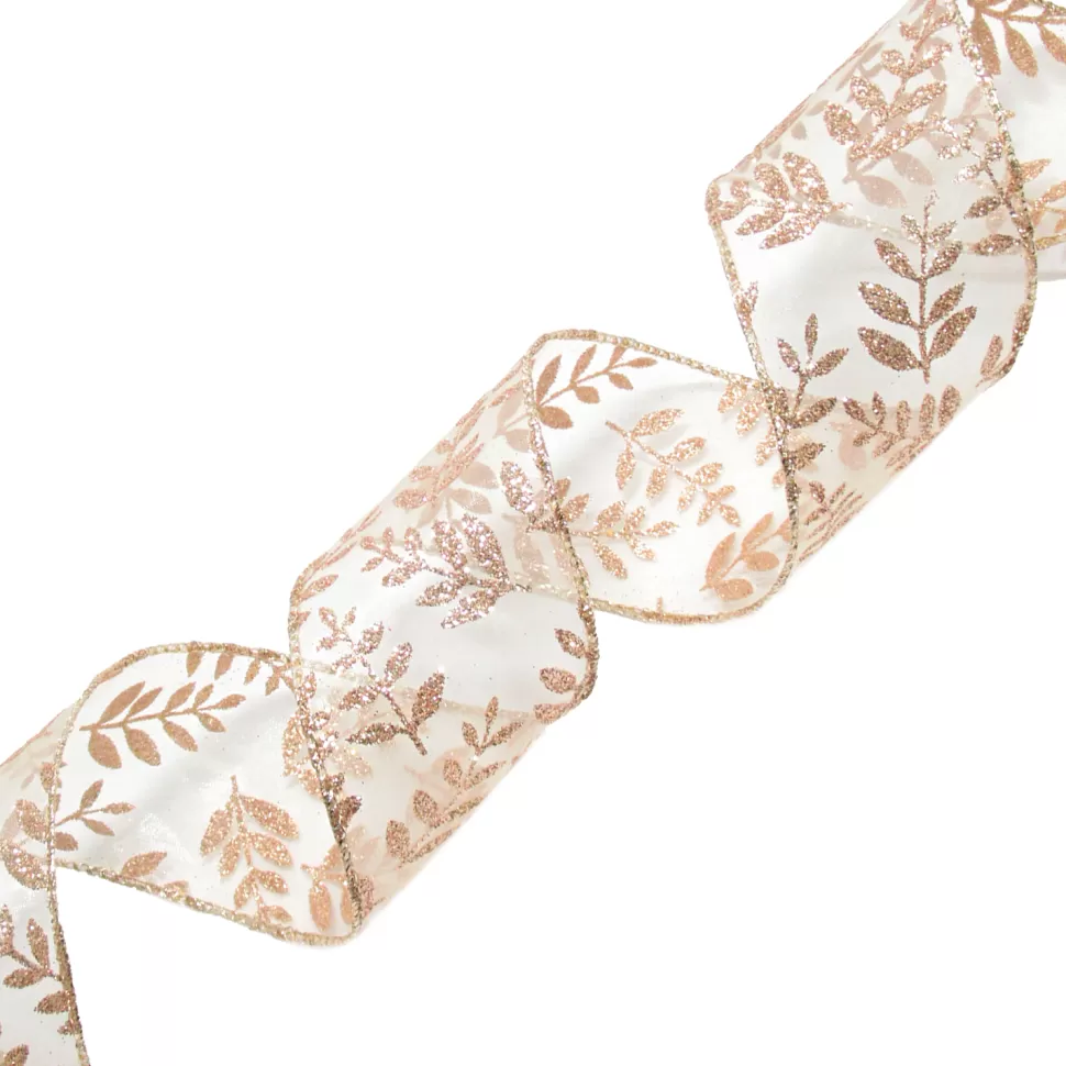 Christmas Forever WIRED RIBBON 2.5″x10 YDS. ROSE GOLD SHEER W/ GLITTER LEAF VINE