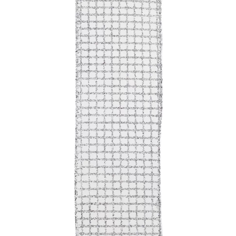 Christmas Forever WIRED RIBBON 2.5″X10 YDS SILVER GLITTER ON WHITE NET