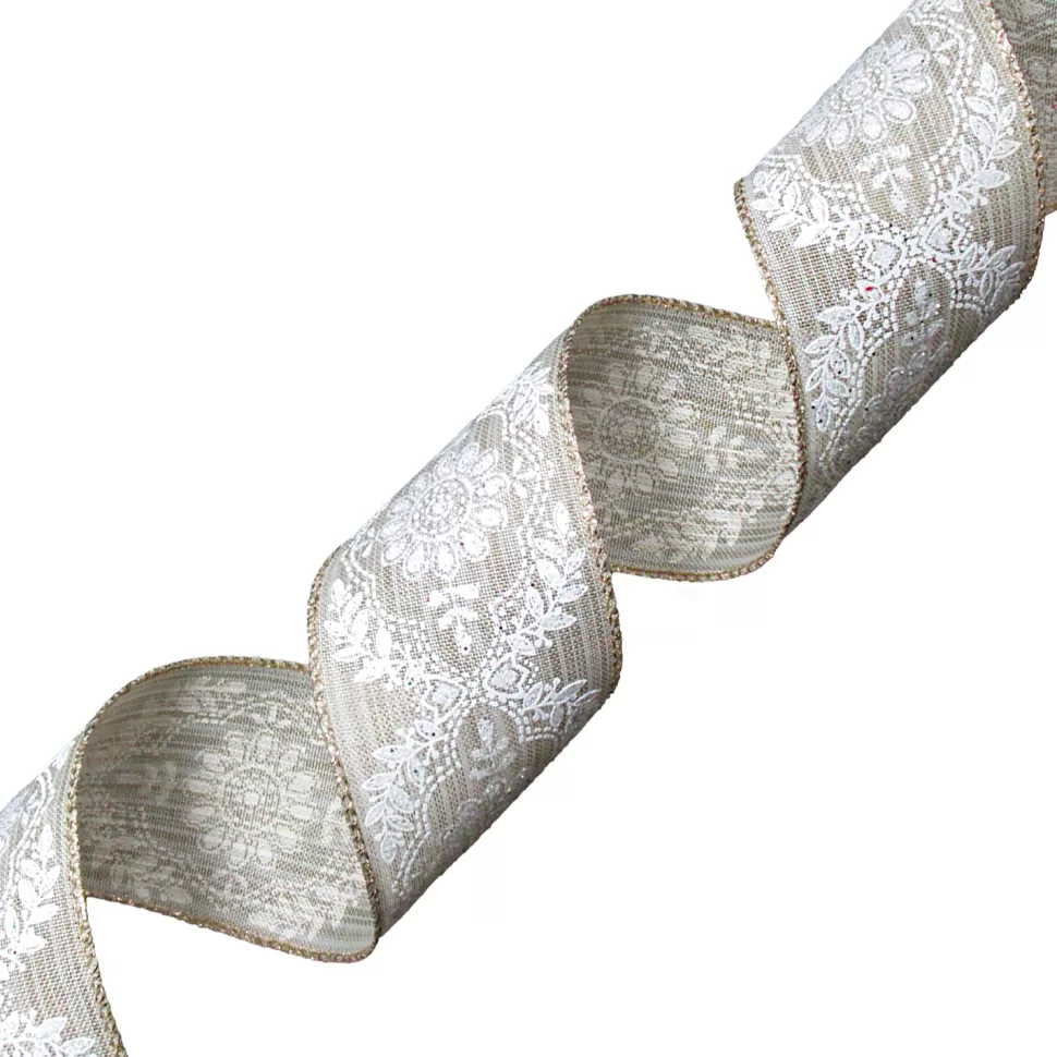 Christmas Forever WIRED RIBBON 2.5″x10 YDS. STRIP BURLAP W/ WHITE ROYAL FLORAL