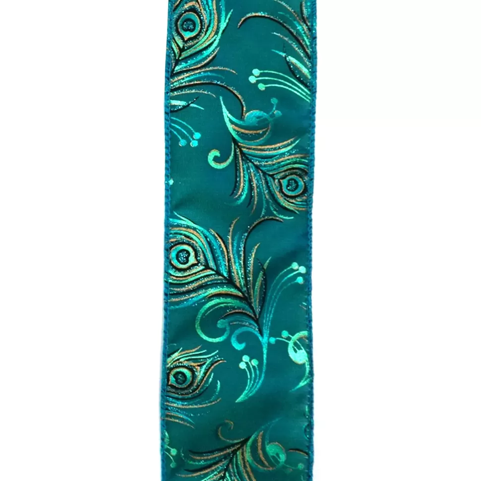 Christmas Forever WIRED RIBBON 2.5″X10 YDS TURQUOISE W/ PEACOCK FEATHER