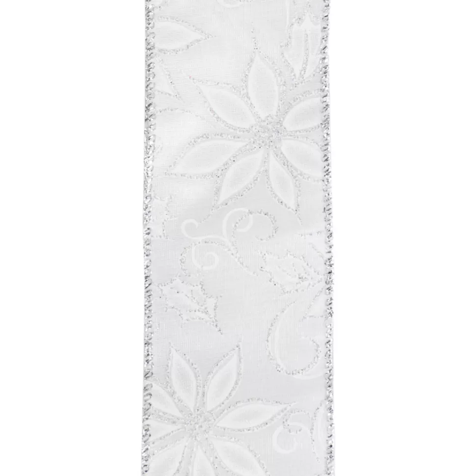 Christmas Forever WIRED RIBBON 2.5″X10 YDS WHITE BURLAP SATEEN W/ WHITE POINSETTIA