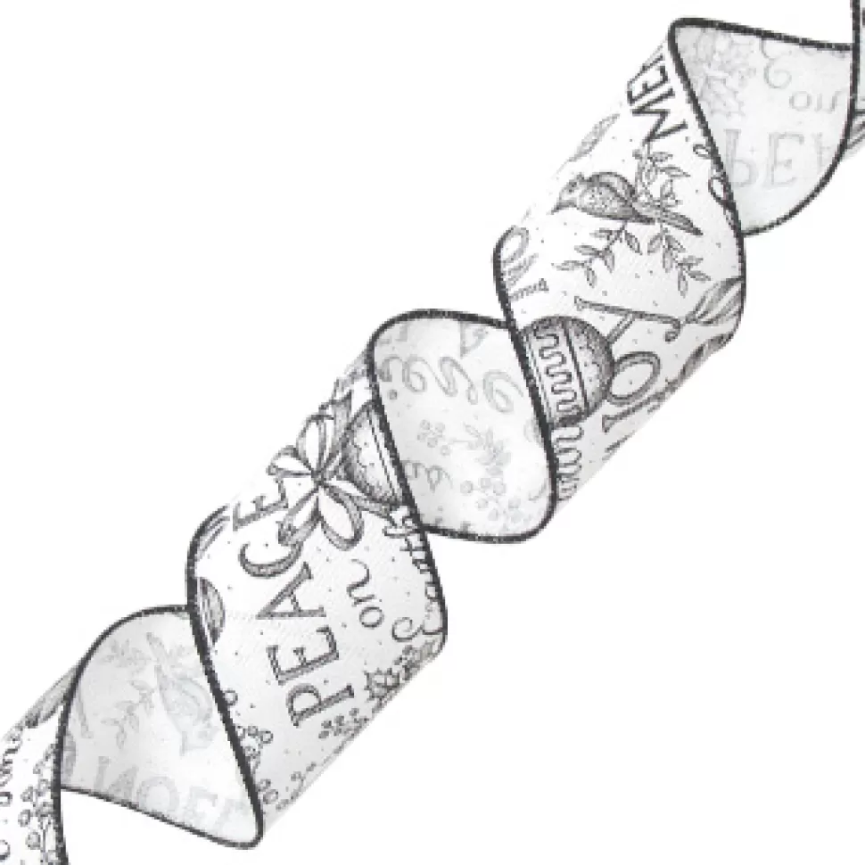 Christmas Forever WIRED RIBBON 2.5″x10 YDS. WHITE IMITATED COTTON W/ BLACK XMAS LETTERS & ORN.